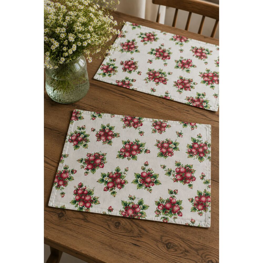 Strawberry Floral Placemats Cottagecore Kitchen Table Linens Set of 5